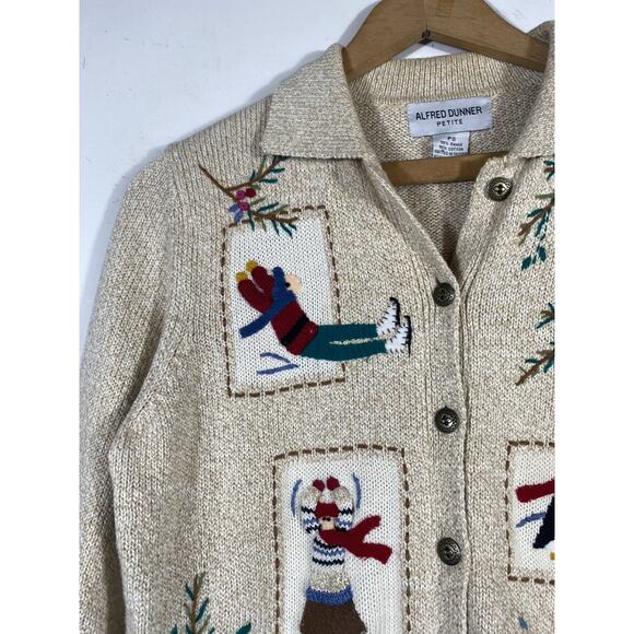 Alfred Dunner Christmas Cardigan Sweater PS Embroidered Ski Old Money Preppy Vtg - Picture 11 of 16
